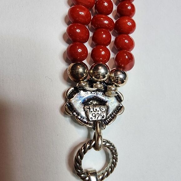 Ruby Lane Signed M.G. Sterling Silver Red Coral Bead Bracelet 3 Rows - Picture 8 of 10